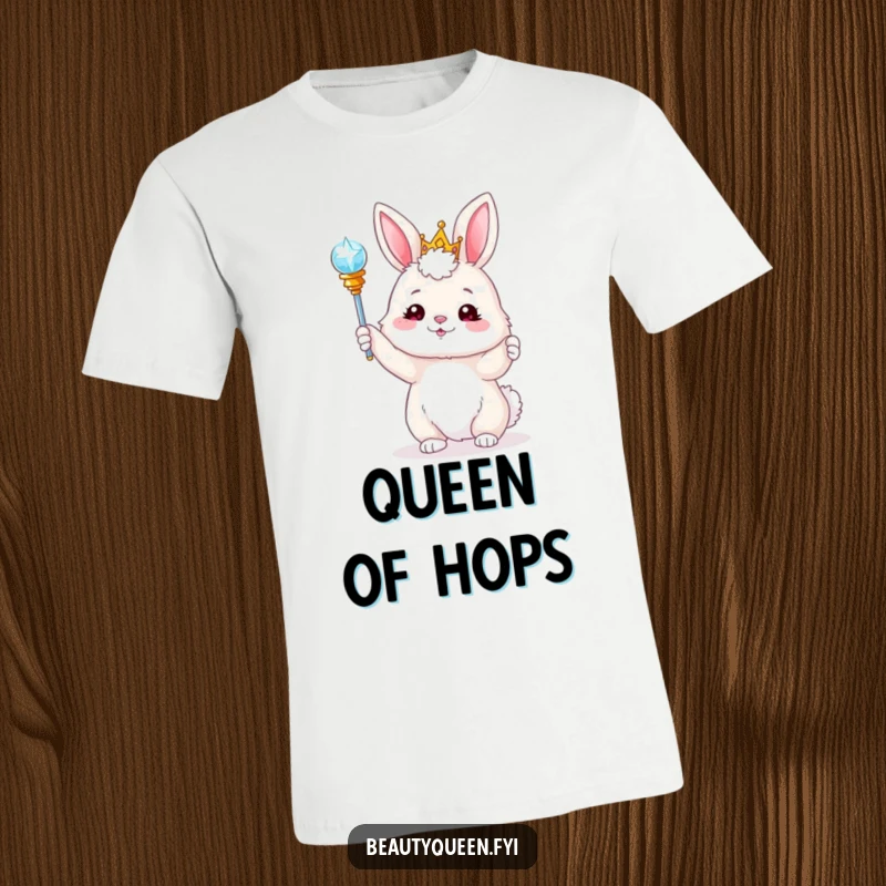 Funny bunny in a tiara, gleefully tossing a sparkling scepter upwards. A delightful and humorous illustration for a t-shirt.