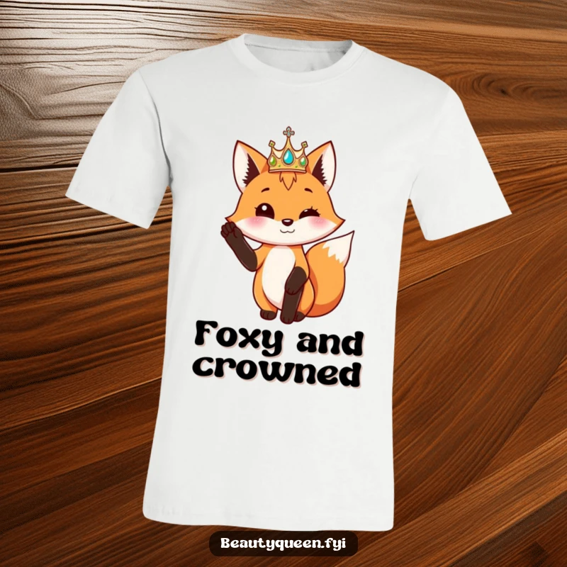 Funny playful fox with a shimmering crown poses elegantly with one paw raised, printed on a t-shirt.