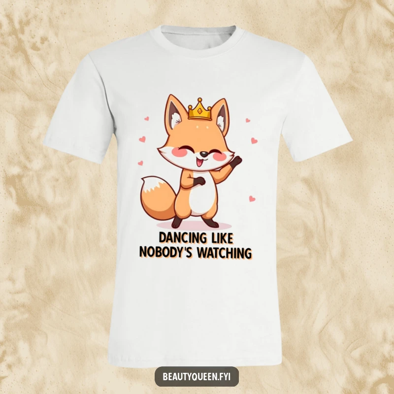 Funny fox t-shirt showing a goofy fox with a tilted crown, performing a whimsical dance with joyful abandon.