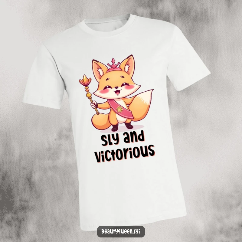 Funny t-shirt showcasing a giggling fox in a shimmering sash, triumphantly posing with a scepter in a regal and humorous manner.