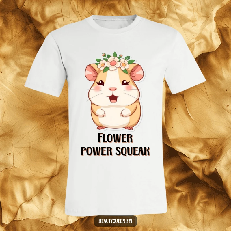 Funny guinea pig with a floral crown, winking gleefully and giggling. A charming and humorous t-shirt design.