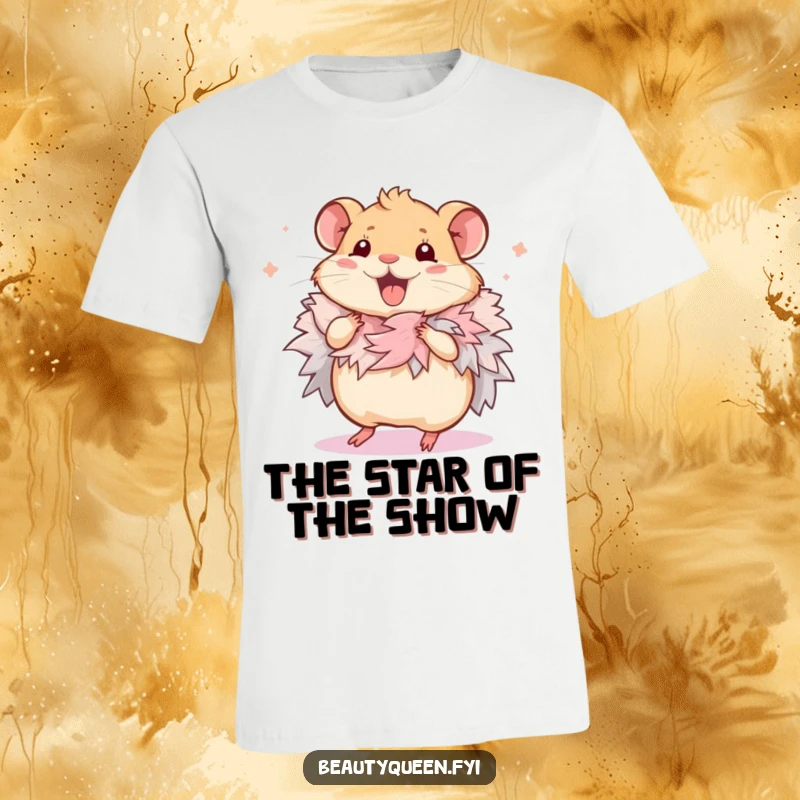 Funny Hamster T-Shirt: Squeaking hamster character in a feathered boa, performing a happy little dance, exuding pure joy.