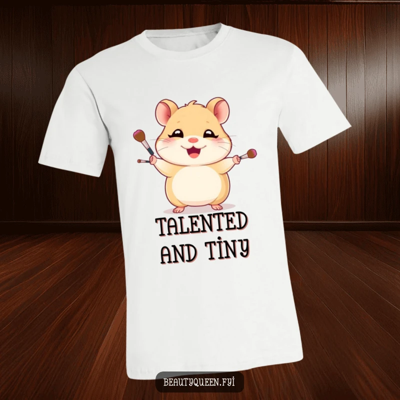 Funny t-shirt with a giggling hamster confidently juggling tiny makeup brushes, exuding a playful and skilled beauty guru vibe.