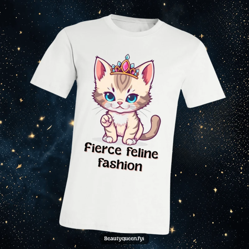 Funny cute kitten with a jeweled tiara strikes a fierce yet adorable runway pose, printed on a t-shirt.