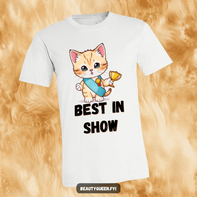 Funny t-shirt with a tiny kitten in a glitter sash proudly displaying a small trophy, exuding victory and cuteness.