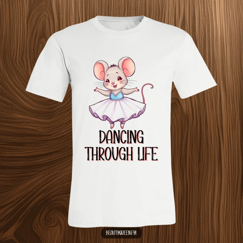 Funny mouse t-shirt showing a tiny mouse in a dazzling ballgown, joyfully twirling with energetic dance moves.