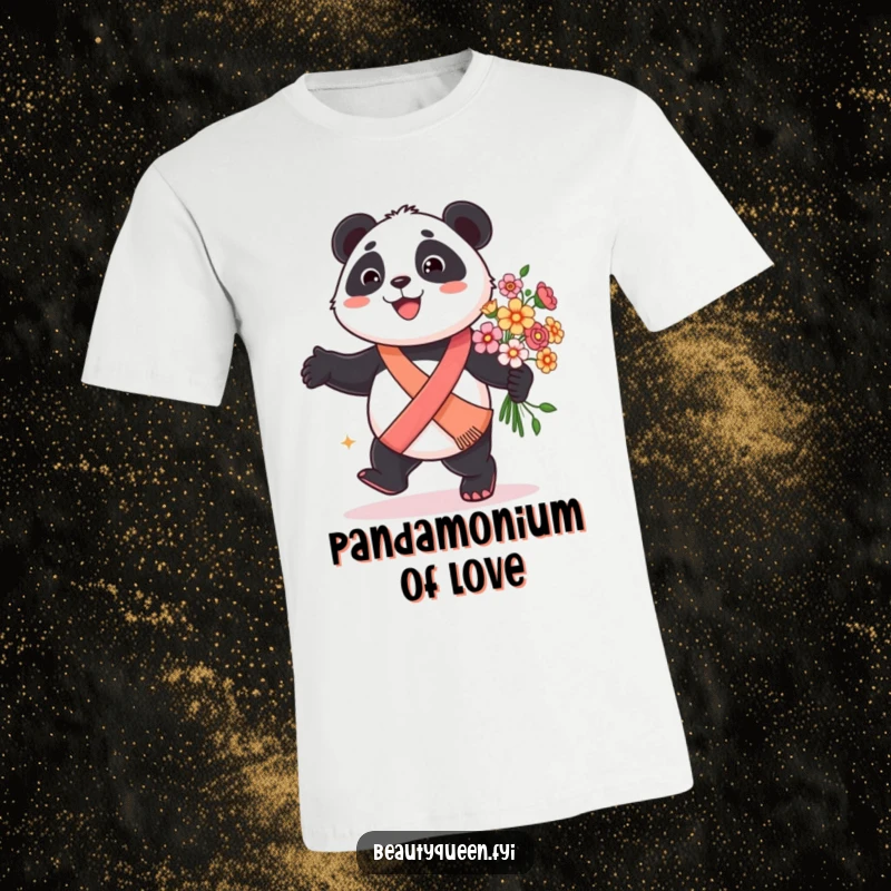 Funny panda t-shirt design featuring a smiling panda in a sash, happily prancing with a large bouquet of flowers.
