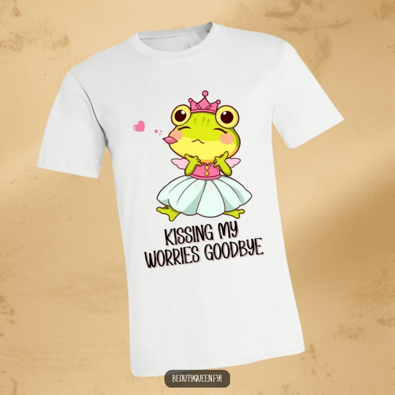 Funny Princess Frog T-Shirt, a charming frog princess in a gown joyfully blowing a kiss, perfect for laughter.