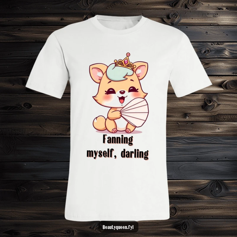 Funny t-shirt featuring a playful animal with a tilted tiara, peeking and giggling behind a fan, pure amusement.