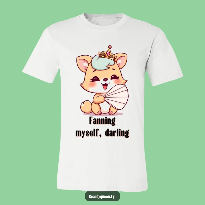 Funny T-Shirt: Playful animal giggling behind a fan with a tilted tiara