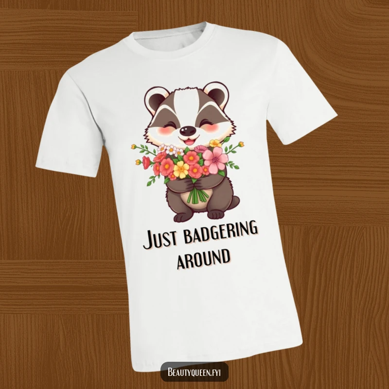Funny T-Shirt: A happy badger proudly holding a colorful bouquet of flowers, looking utterly delighted.