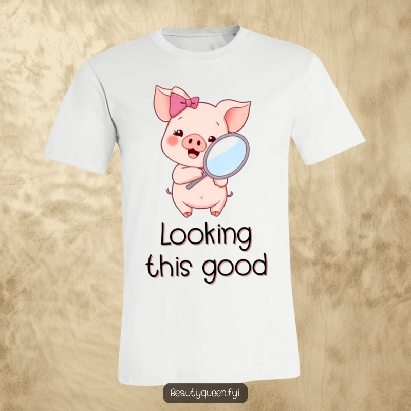 Funny cheerful piglet wearing a pink bow, holding a handheld mirror and checking its reflection with a happy expression, on a t-shirt.
