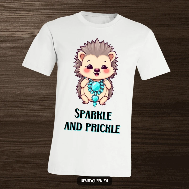 Funny t-shirt of a smiling hedgehog adjusting a large, oversized jeweled necklace with flair.