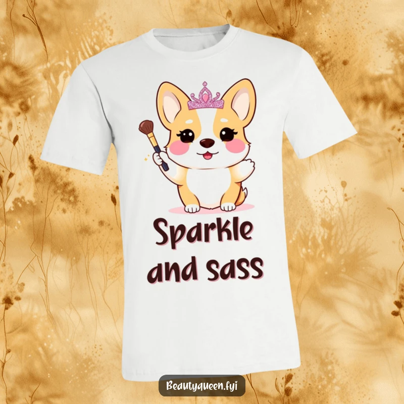 Funny Corgi T-Shirt: A blushing corgi wearing a glittery tiara proudly holds a tiny makeup brush, ready for its royal makeover.