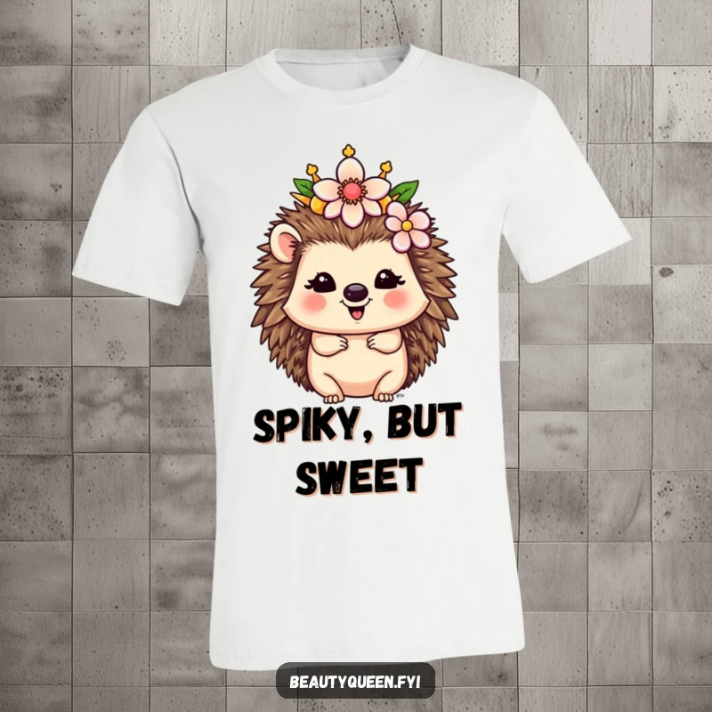 Funny Hedgehog T-Shirt: A happy hedgehog queen is shown adorning her crown with a beautifully whimsical flower, exuding joy.