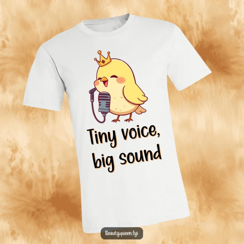 Funny t-shirt featuring a crowned bird singing its heart out into a microphone, perfect for performers and music enthusiasts who love humorous designs.