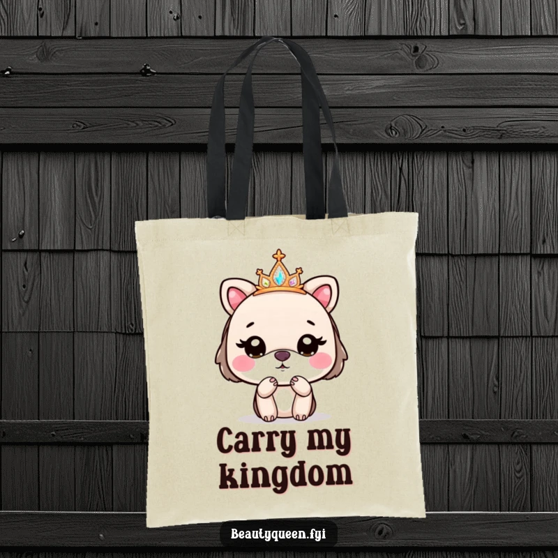 Funny tote bag featuring a cute animal with a sparkly tiara, blowing a kiss goodbye, perfect for stylish errands.