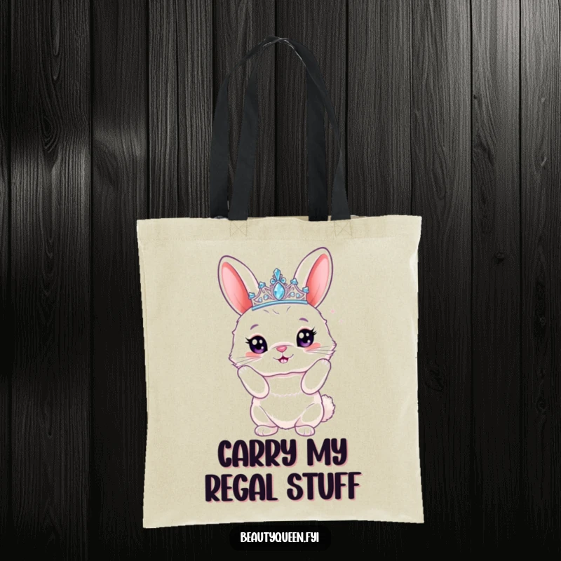 Funny bunny tote bag depicting a fluffy rabbit wearing a sparkly tiara, striking a proud, queenly pose, perfect for stylish and humorous errands.