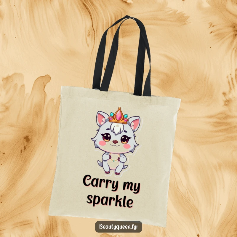 Funny tote bag featuring a whimsical animal character with a jeweled crown, striking a confident pose for stylish outings.