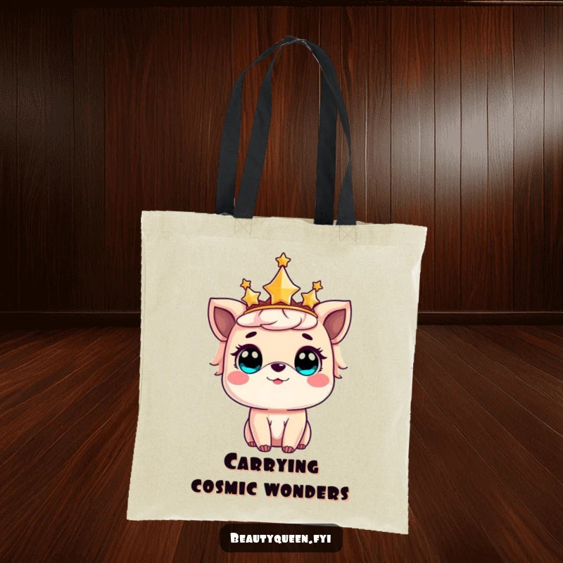 Funny tote bag depicting a sweet animal wearing a star-adorned crown, looking up with wide, amazed eyes.