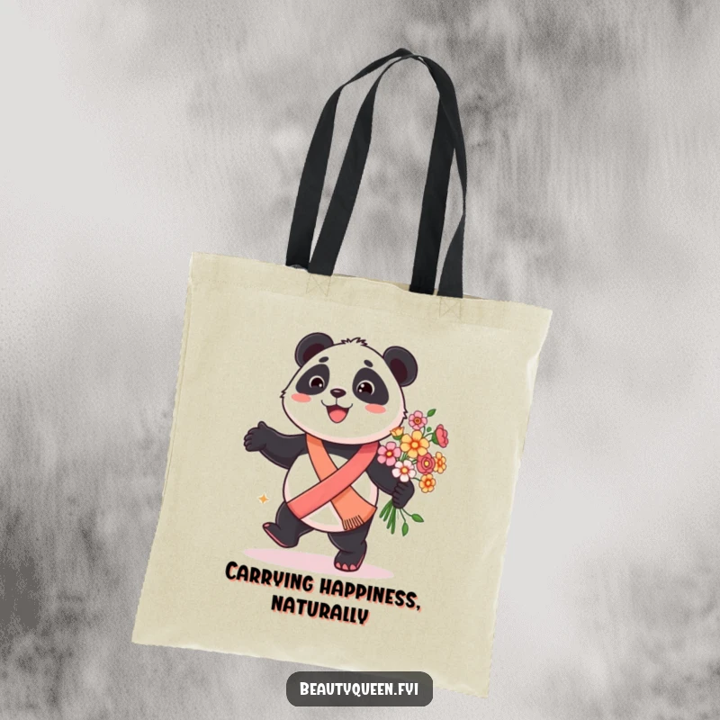 Funny panda tote bag illustrating a smiling panda in a sash, prancing with a vibrant bouquet of flowers.