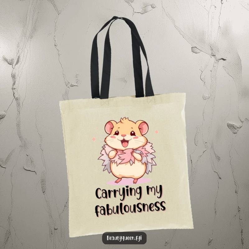 Funny Hamster Tote Bag: Durable tote featuring a squeaking hamster in a feathered boa, performing a happy little dance.