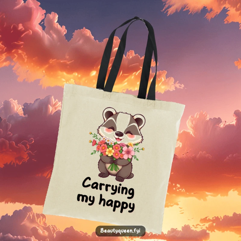 Funny Tote Bag: A smiling badger proudly holds a bouquet of flowers, perfect for shopping and errands.