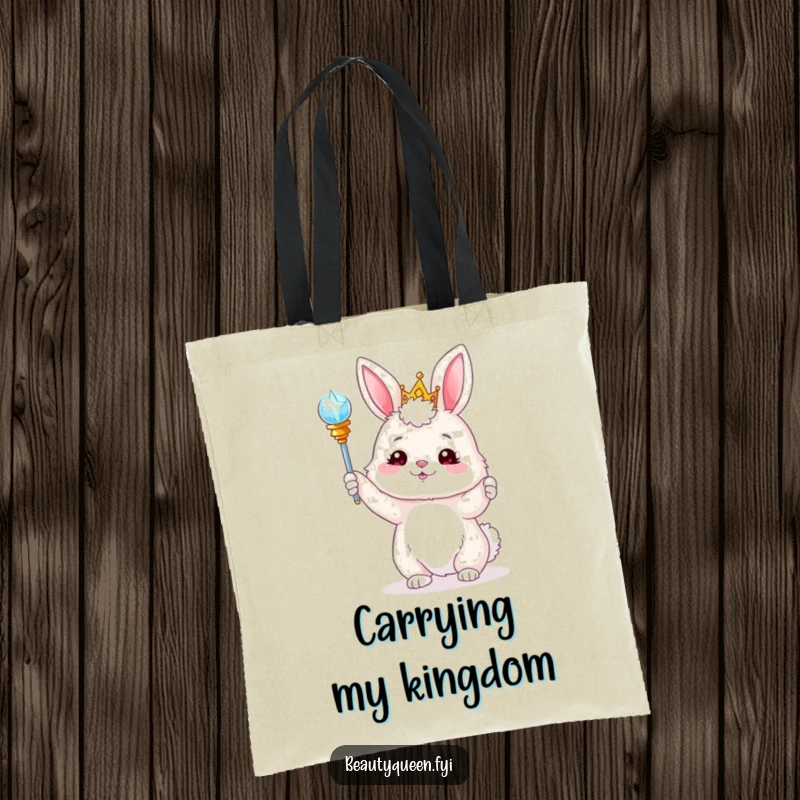 Funny bunny with a tiara, playing with a sparkling scepter, featured on a practical and humorous tote bag. Magical and whimsical.