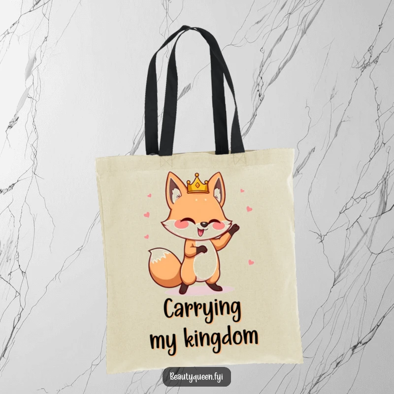 Funny fox tote bag with a goofy fox wearing a tilted crown, performing a whimsical dance, perfect for carrying items with style.