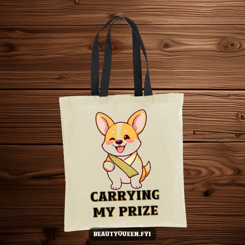 Funny proud corgi wearing a sash, beaming with excitement on a stylish and durable tote bag.