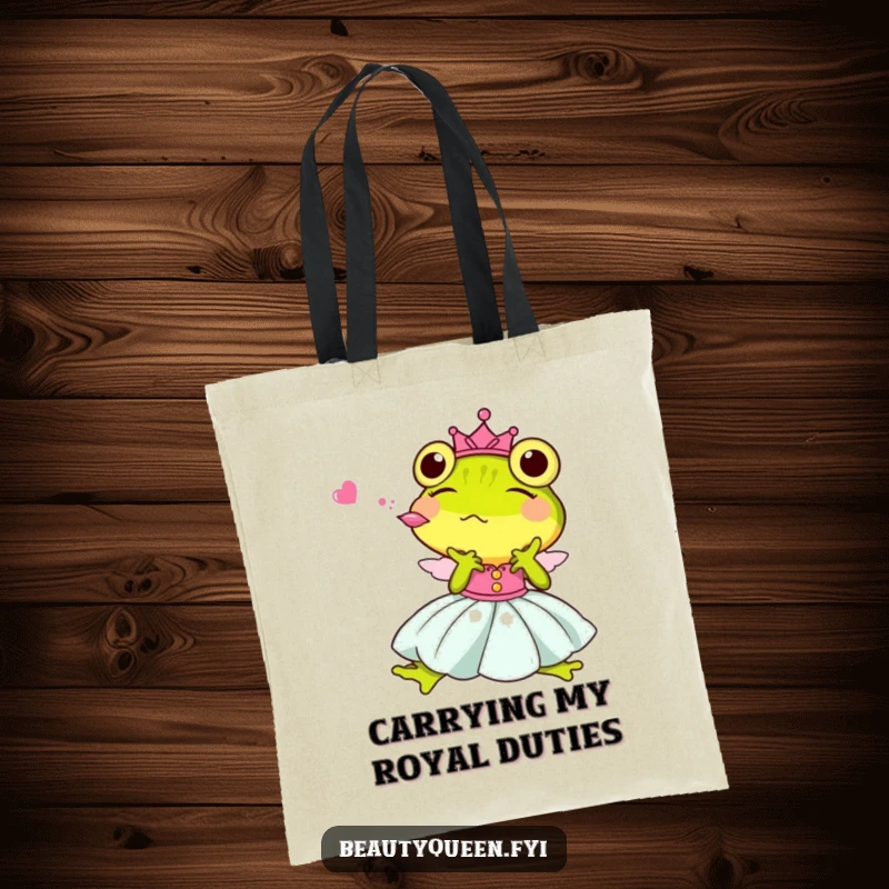 Funny Princess Frog Tote Bag, a cute frog in royal attire blowing a kiss, designed for humorous carry-alls.
