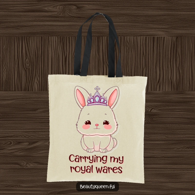 Funny rabbit tote bag with a fluffy bunny wearing a tiara, blowing a kiss with rosy cheeks, a practical and humorous accessory.