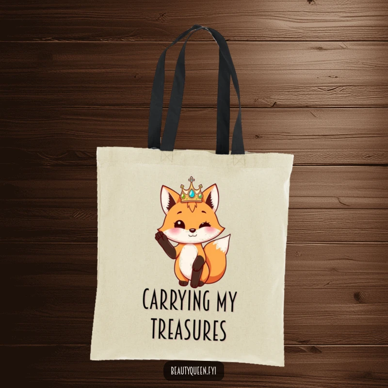 Funny playful fox with a shimmering crown poses elegantly with one paw raised, on a stylish tote bag.