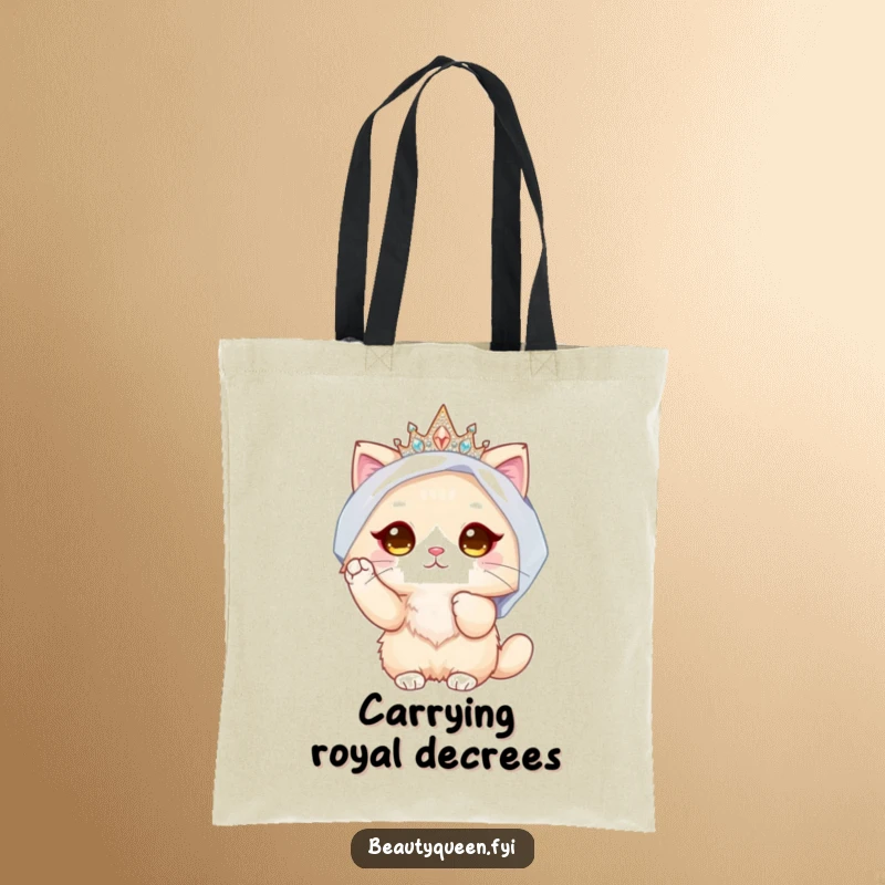 Funny Cat Bride Tote Bag: Chic bag showcasing a fluffy cat in a sparkling crown and veil, adjusting her bridal look with a paw.