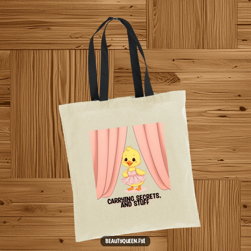 Funny duckling in a glittering dress peeking from behind a stage curtain, a cute and funny tote bag.