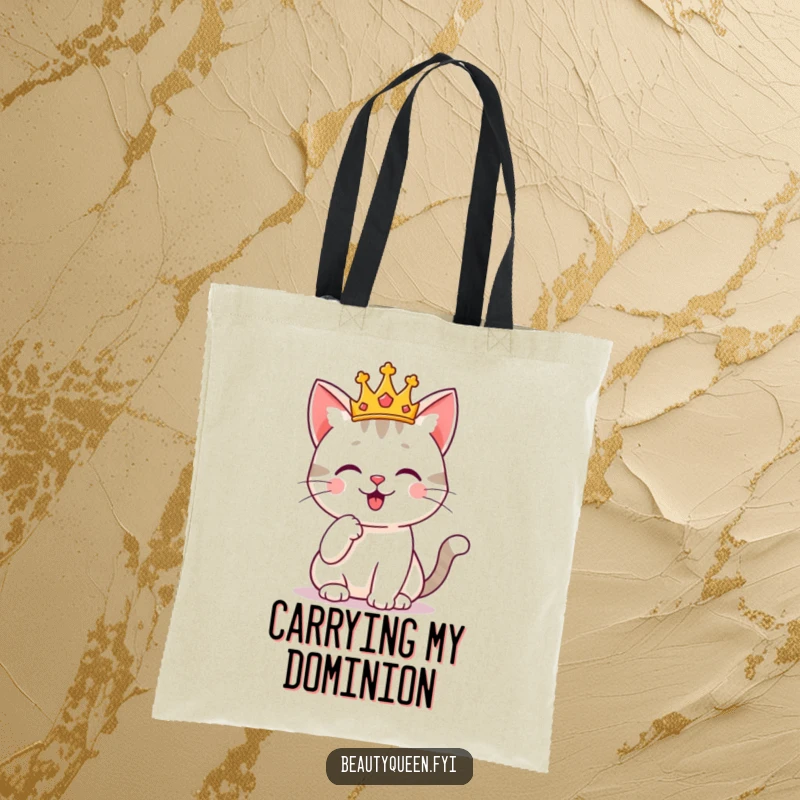 Funny cat wearing a tiny crown, posing thoughtfully with a paw on its chin, on a practical tote bag. Regal and humorous accessory.