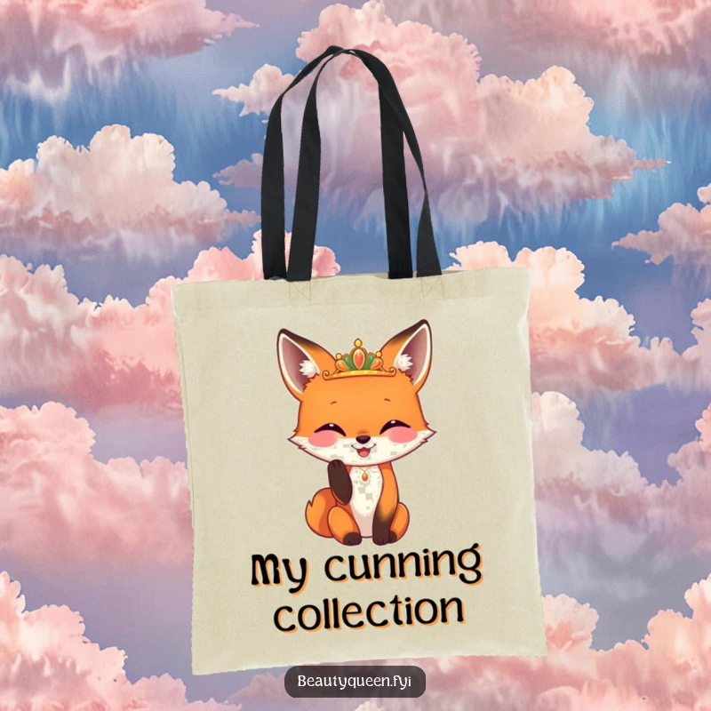 Funny fox tote bag with a happy fox adjusting a tiny, gleaming diadem, perfect for carrying items with hilarious foxy elegance.