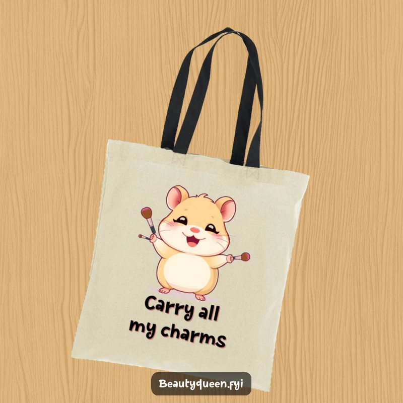 Funny tote bag featuring a giggling hamster masterfully juggling makeup brushes, perfect for carrying essentials with a humorous flair.