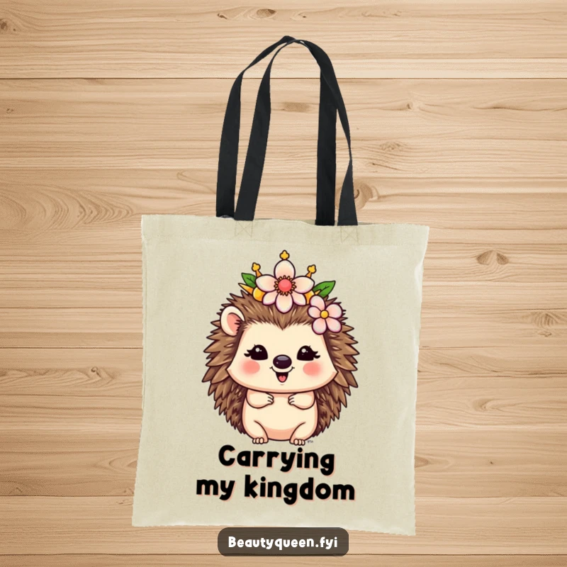 Funny Hedgehog Tote Bag: A happy hedgehog queen is adorned with a flower crown, ready for royal outings with a smile.