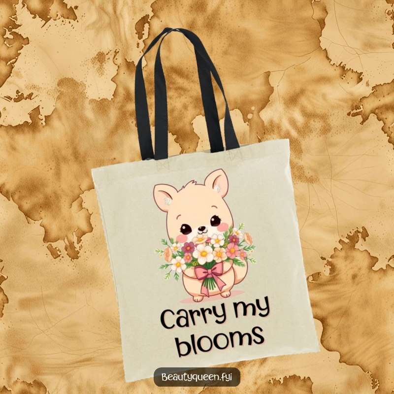 Funny tote bag featuring an adorable animal holding a bouquet of flowers, tied with a distinguished, regal bow.