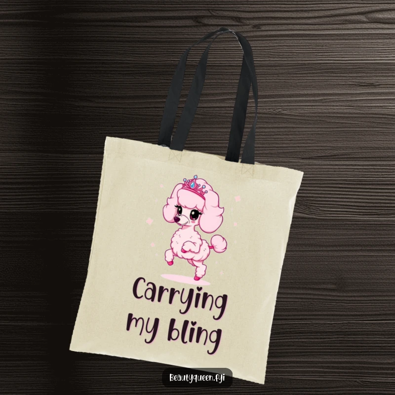 Funny poodle tote bag featuring a fluffy pink poodle in a tiara, prancing and scattering sparkles, ideal for stylish errands.