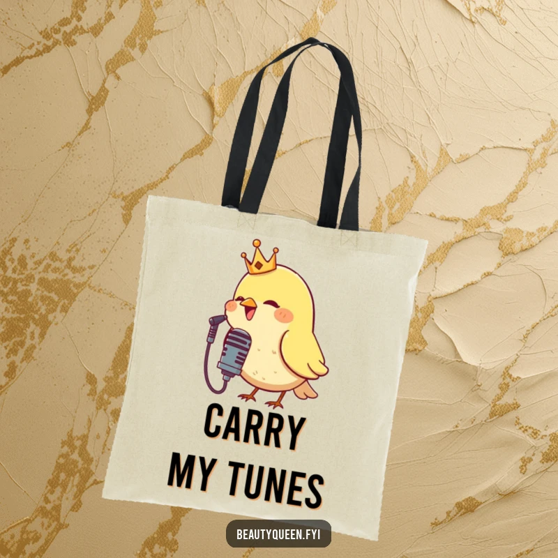 Funny tote bag featuring a crowned bird singing into a microphone, ideal for carrying items while showcasing a love for music and humorous elegance.