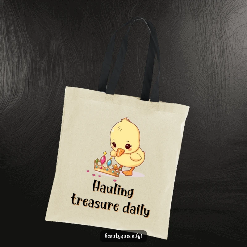 Funny Tote Bag showcasing a curious duckling pecking at a royal tiara, perfect for carrying treasures and smiles.