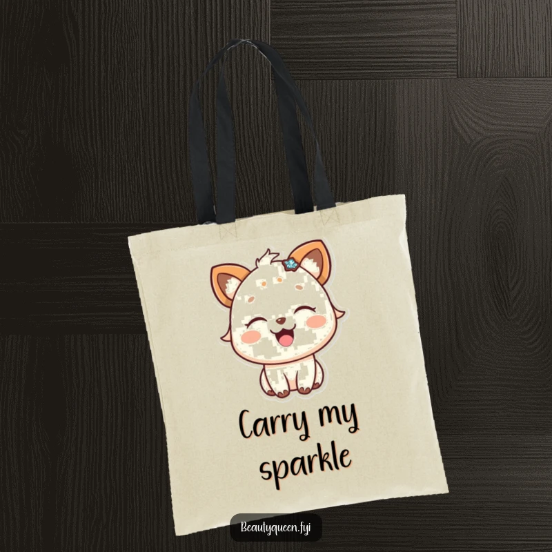 Funny tote bag showing a happy animal with eyes closed in pure delight, accessorized with a prominent sparkly item.