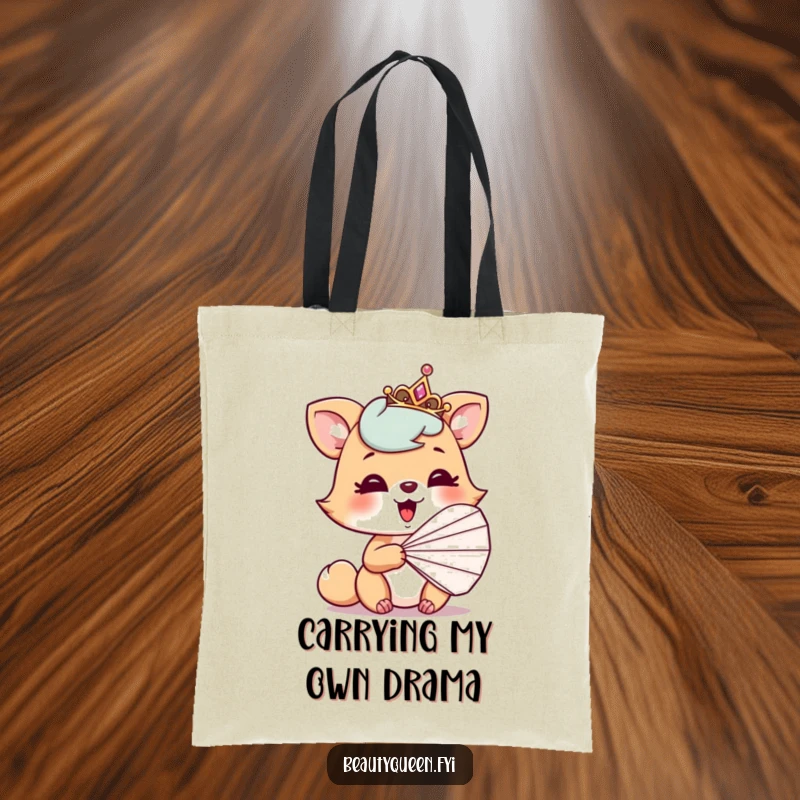 Funny tote bag showing a playful animal with a tilted tiara, hiding and giggling behind a fan, delightful secrecy.