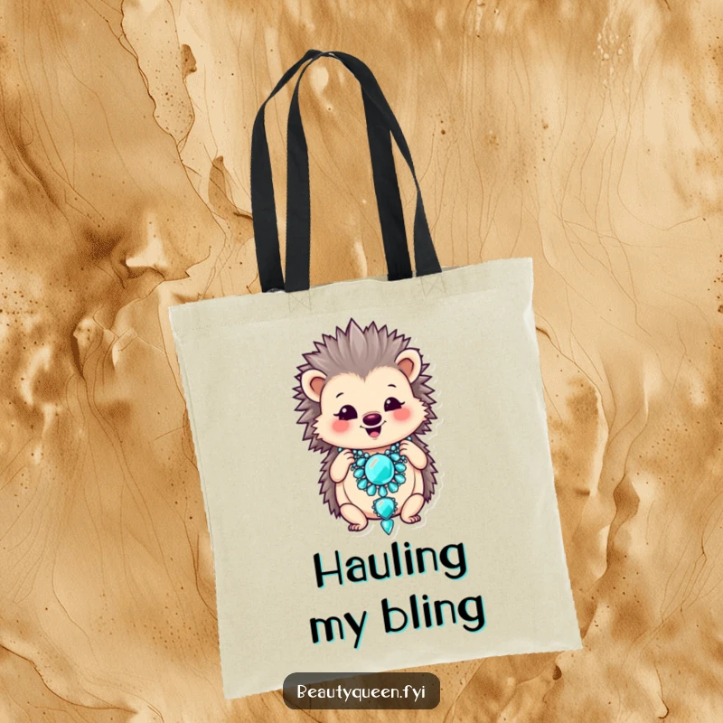 Funny tote bag with a smiling hedgehog adjusting a large, oversized jeweled necklace.