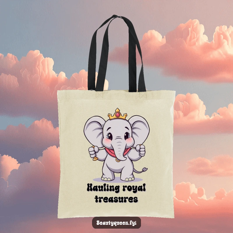 Funny elephant tote bag depicting a charming elephant in a dramatic, royal pose with a scepter, ideal for carrying essentials stylishly.