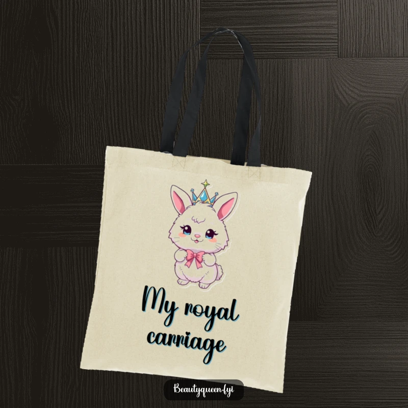 Funny bunny tote bag featuring a fluffy bunny wearing a sparkly crown and striking a playful pose with a bow.