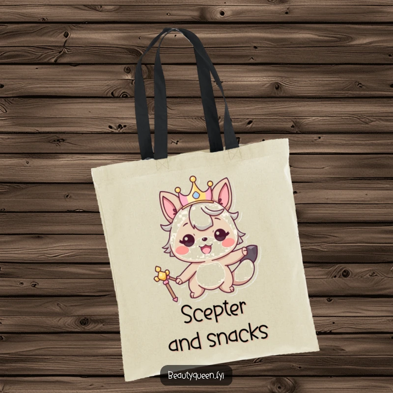 Funny tote bag featuring a smiling animal character with a crown, posing with a royal scepter for majestic style.